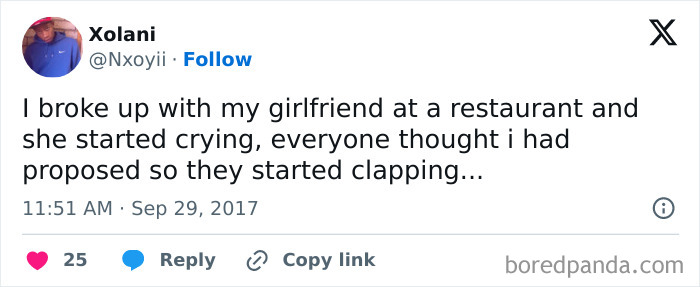 A tweet from Xolani describing an embarrassing moment: breaking up at a restaurant, girlfriend cried, and people clapped.