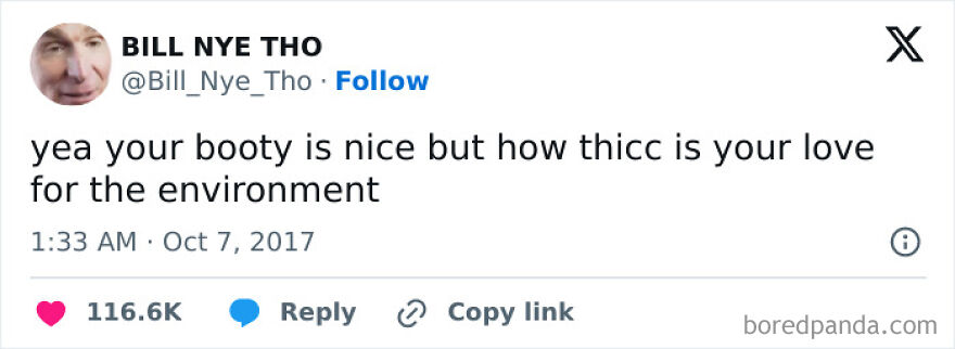Tweet from Bill Nye Tho humorously comparing physical traits to love for the environment, related to camping and hiking memes.