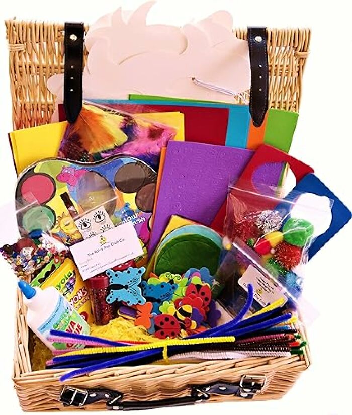 Easter basket ideas with colorful toy stuffers, craft supplies, and fun decorations arranged in a woven basket.