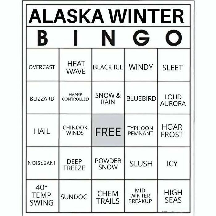 Alaska Winter Bingo card featuring weather conditions like blizzard, black ice, and powder snow. A hilarious meme about living in Alaska.