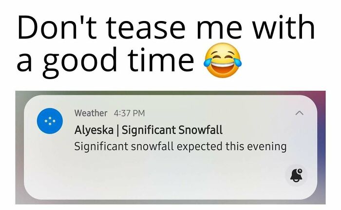 A meme showing a weather alert for significant snowfall in Alaska, captioned "Don't tease me with a good time" with a laughing emoji. Hilarious memes about living in Alaska.
