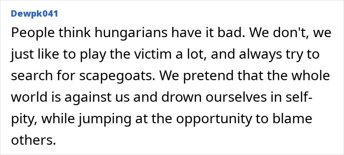 Local Dewpk041's post challenges stereotypes about countries, noting Hungarians' tendency to play the victim.
