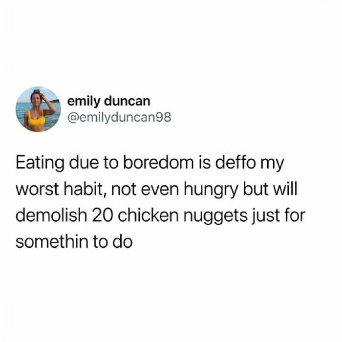 Social media post about eating 20 chicken nuggets out of boredom, a relatable food meme with quick chuckles.