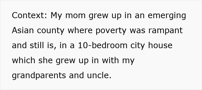 Text describing a wealthy mom who sees house help as family but keeps them in a shed, highlighted by a teen calling out hypocrisy.