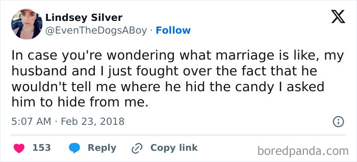 Marriage humor about couple fighting over hidden candy