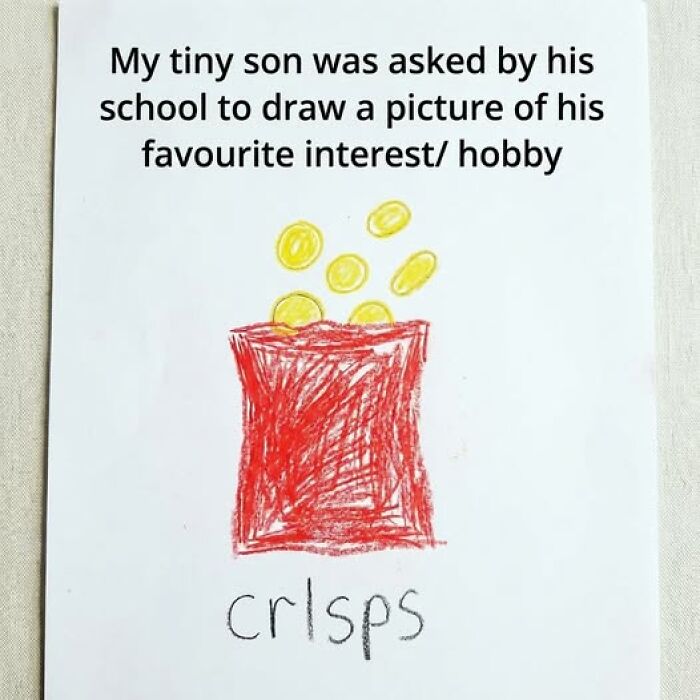 Child's drawing of a red crisps packet with yellow crisps falling out, representing a favorite food hobby in a food meme.