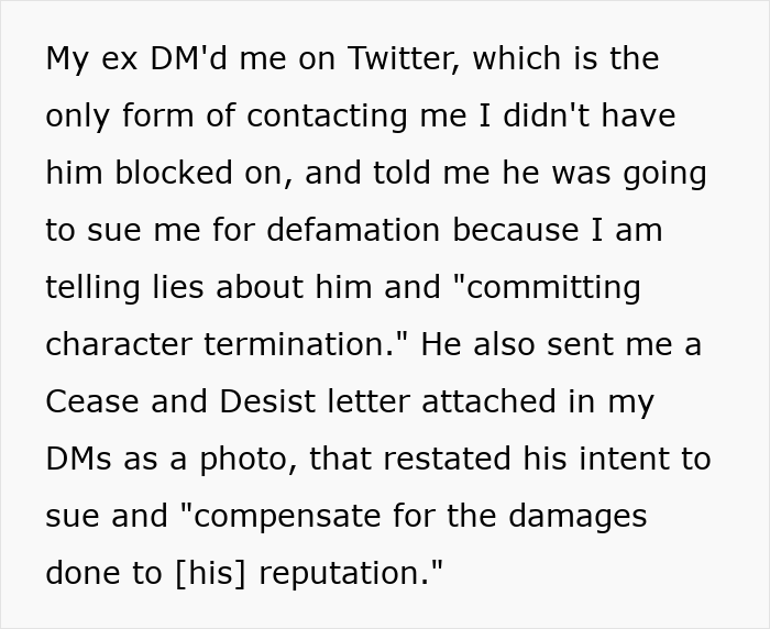 Text showing a woman&rsquo;s ex-BF sending cease and desist threats on Twitter after she uses comedy to cope with his trauma.