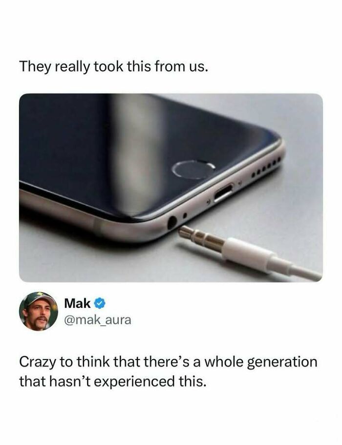 A meme about pop-culture, depicting a white headphone jack next to a smartphone's port, with text lamenting its removal.