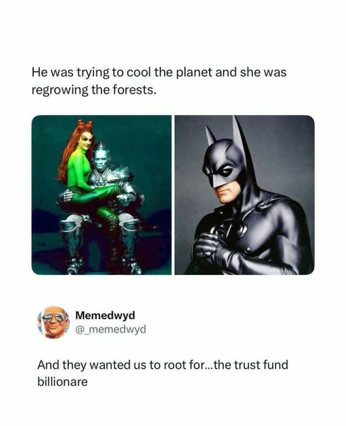 A meme featuring Poison Ivy and Mr. Freeze alongside Batman, discussing pop-culture villains vs. heroes. Entertaining posts.