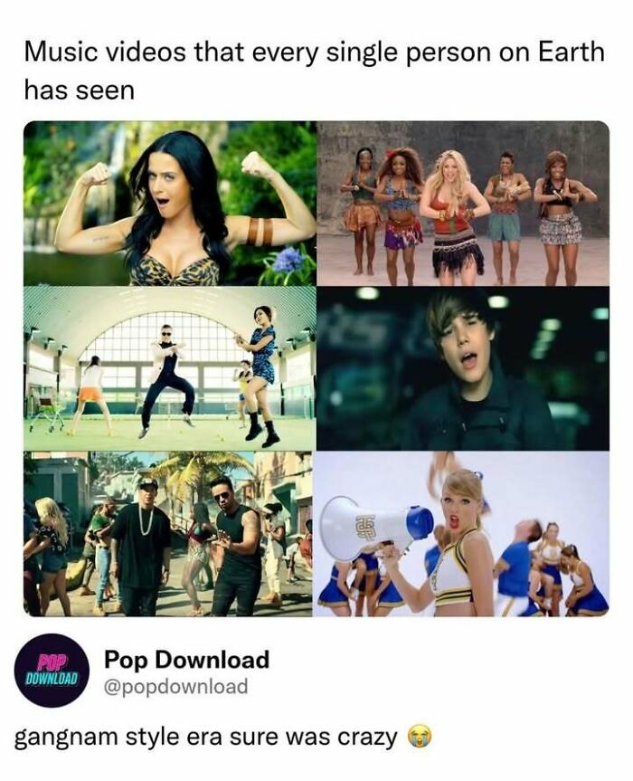 Entertaining posts and memes featuring iconic pop-culture music videos like Gangnam Style, Katy Perry's Roar, and Taylor Swift.