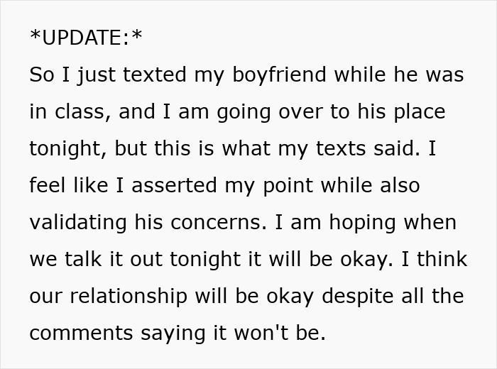 Text update showing a girlfriend&rsquo;s message to boyfriend about their relationship and concerns with male bestie connection.