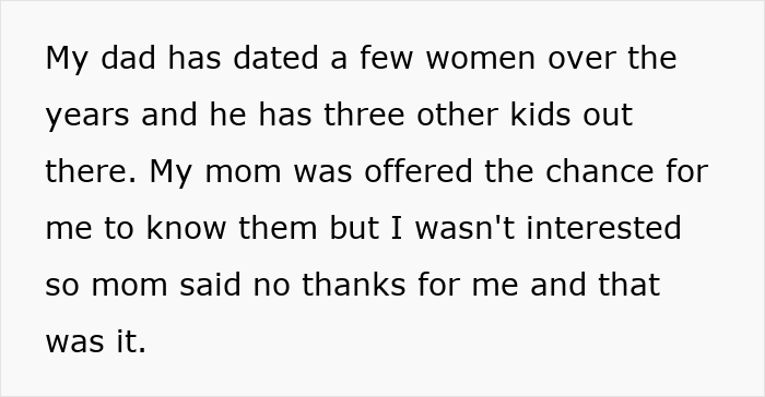 Text on a screen discussing a dad's past relationships and children, touching on family dynamics. The pregnant GF issue is relevant.