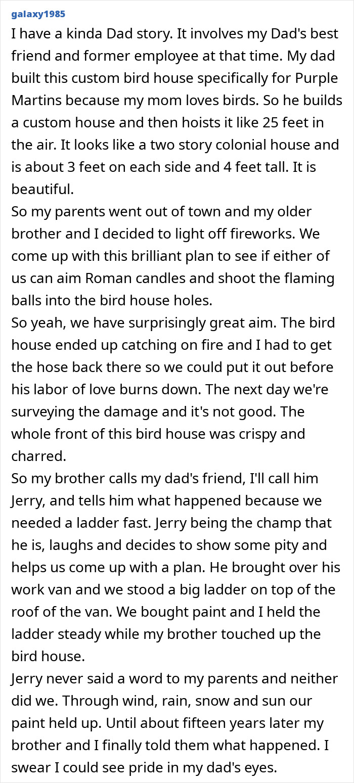 Dad and kids secretly repairing a custom bird house after a fire, keeping the truth hidden from moms.