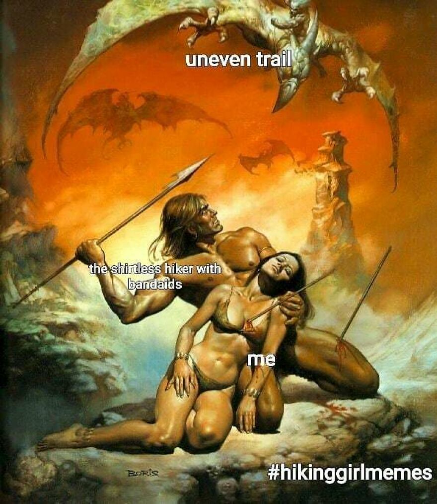 Fantasy-style meme showing a shirtless hiker protecting another from dragons, illustrating uneven trail in hiking memes.