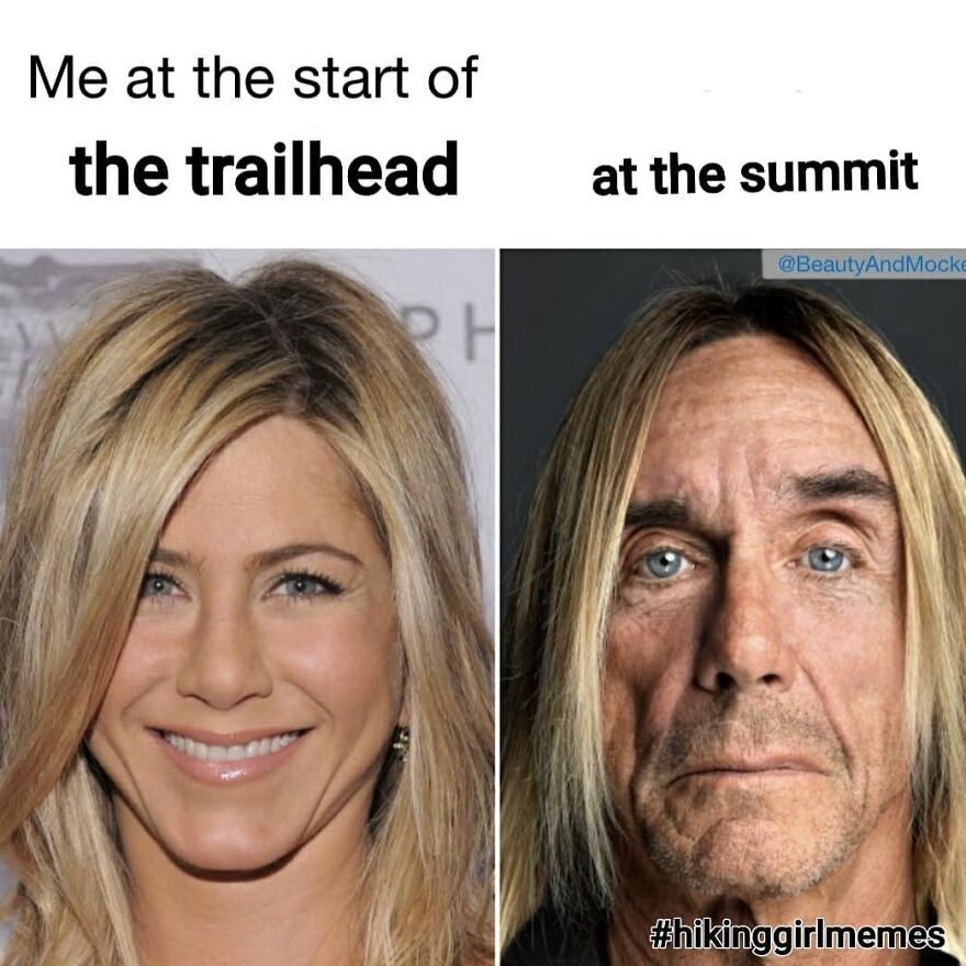 Comparison of fresh and tired faces at the trailhead and summit, illustrating camping and hiking memes humorously.