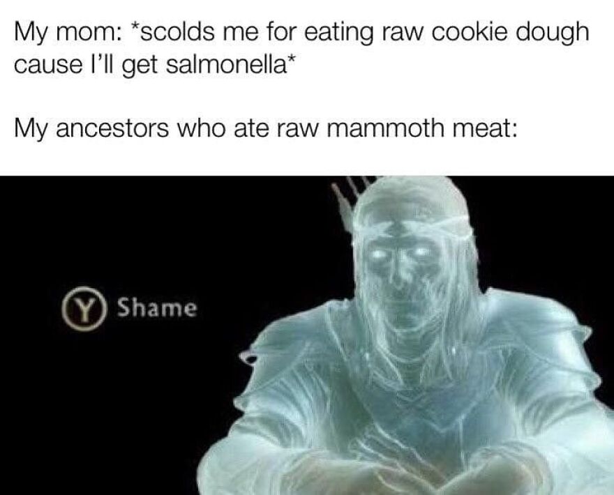 Humorous camping and hiking meme comparing eating raw cookie dough and ancient raw mammoth meat with a video game shame button.