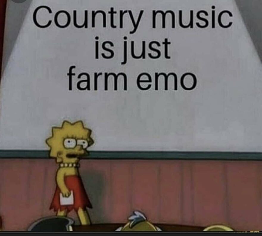 Lisa Simpson presenting a meme that humorously compares country music to farm emo in a camping and hiking context.