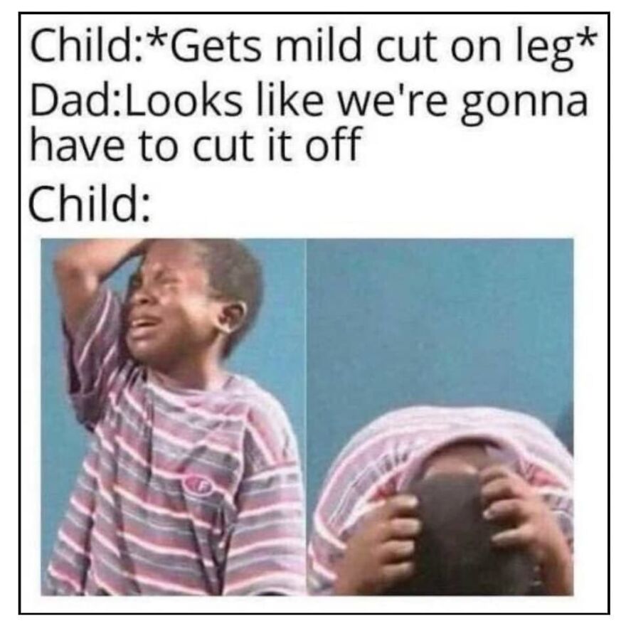 Child reacting dramatically to a mild cut, humorous camping and hiking memes capturing nature adventure struggles.