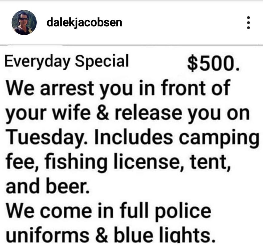 Funny camping and hiking meme showing a humorous fake arrest package including camping fee, fishing license, tent, and beer.