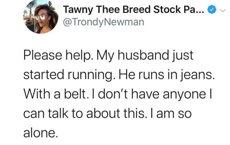 Twitter post humor about a husband running in jeans with a belt, featured in camping and hiking memes.