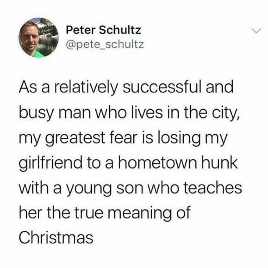 Twitter meme text about a busy city man fearing losing his girlfriend to a hometown hunk, related to camping and hiking memes.