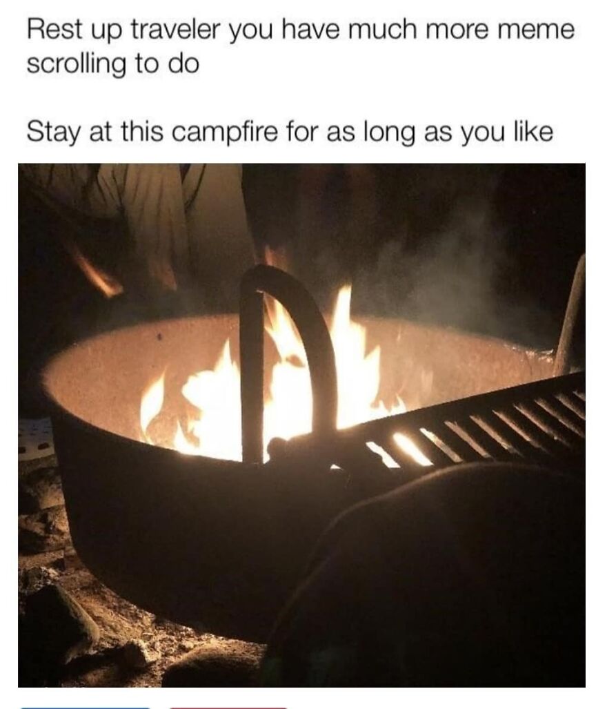 Campfire at night with meme text encouraging more camping and hiking memes for nature lovers and travelers.