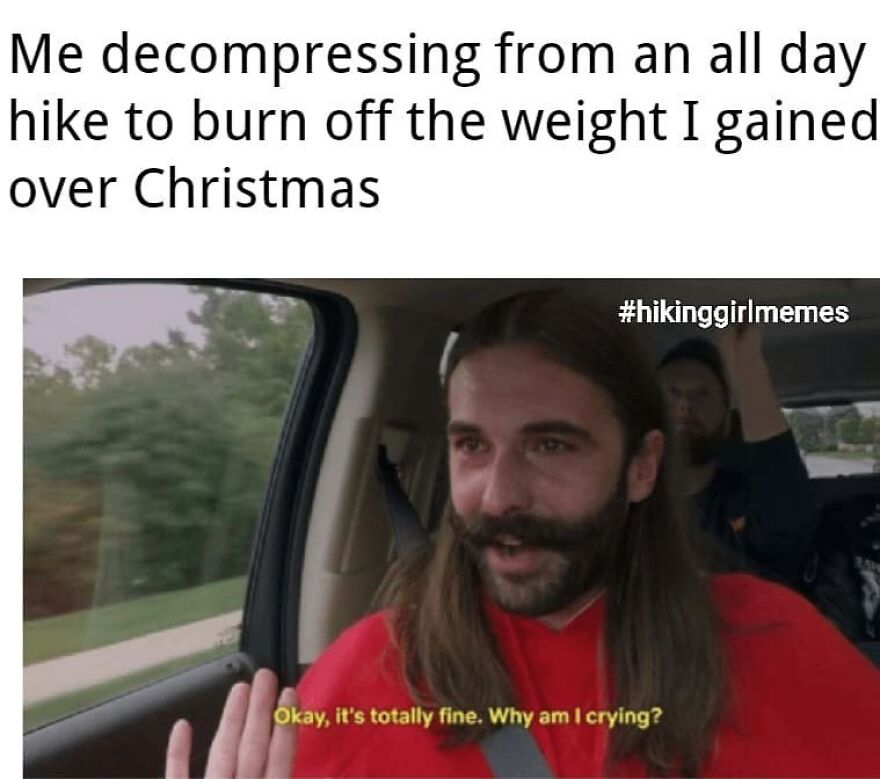 Man with long hair and beard in a car after a long hike, captioned with hiking memes about nature and weight loss.