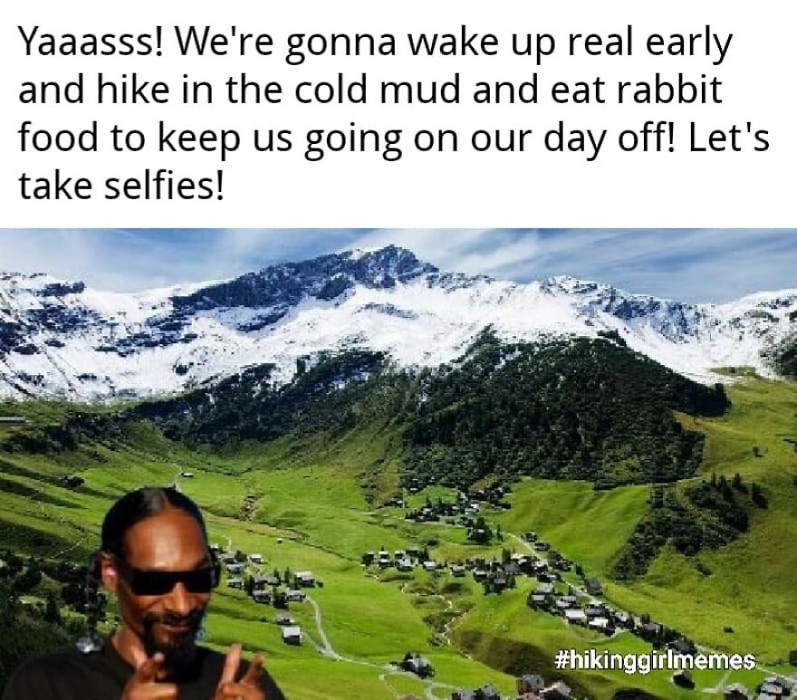 Man wearing sunglasses smiling and pointing with text about hiking and camping in a mountainous green landscape.