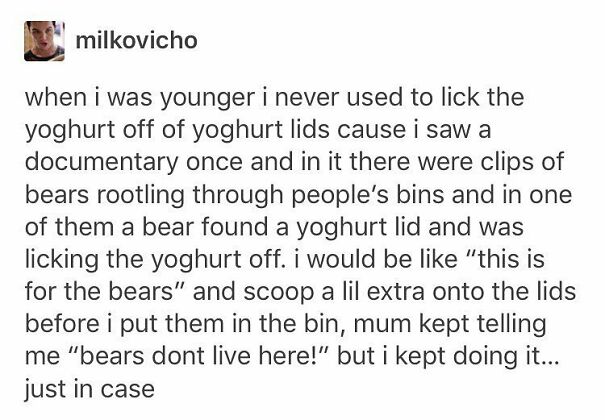 A wholesome post about a person saving yogurt for bears. A kind and funny meme from the internet.