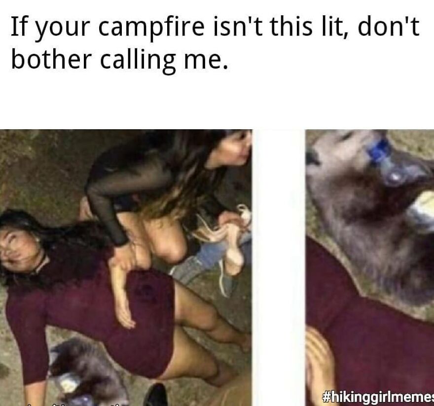 Humorous camping meme showing a person passed out near a low-lit campfire, highlighting camping and hiking memes.