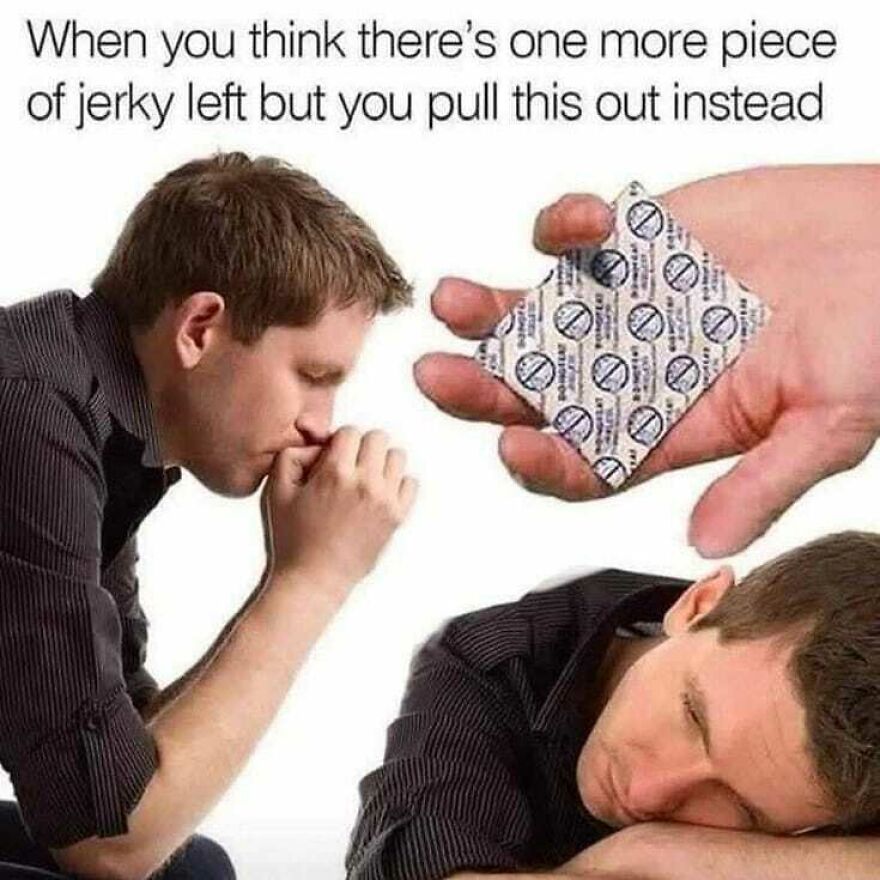 Man disappointed holding empty jerky pack, humorous camping and hiking memes about outdoor food mishaps and nature experiences.