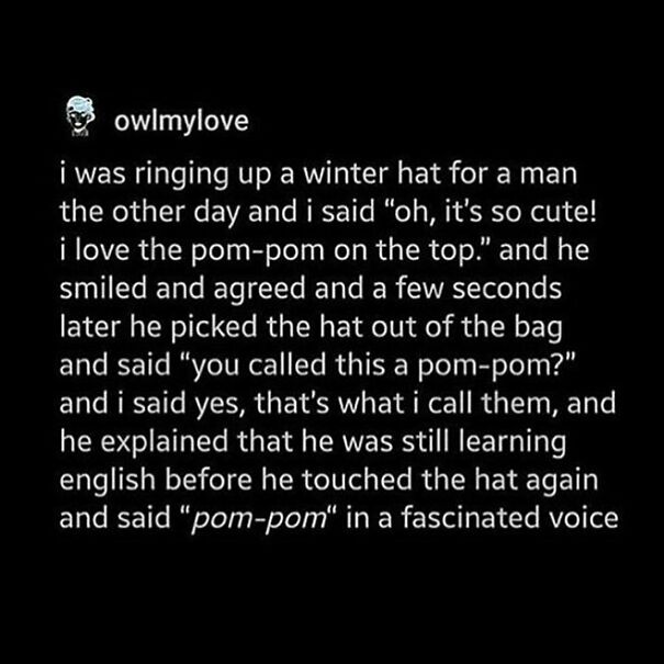 A wholesome post and meme from owlmyllove on Tumblr, sharing a cute interaction about a pom-pom hat.