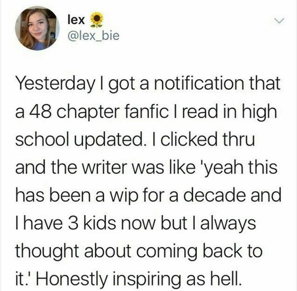 A wholesome post from Lex on Twitter about a fanfic updating after a decade, showing a different side of the internet.