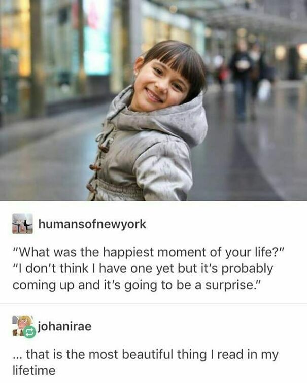 A young girl in a gray coat smiling sweetly, with text about finding happiness, a truly wholesome post.