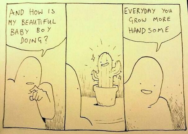 A wholesome post showing a comic where two figures admire a glowing, happy cactus in a pot.