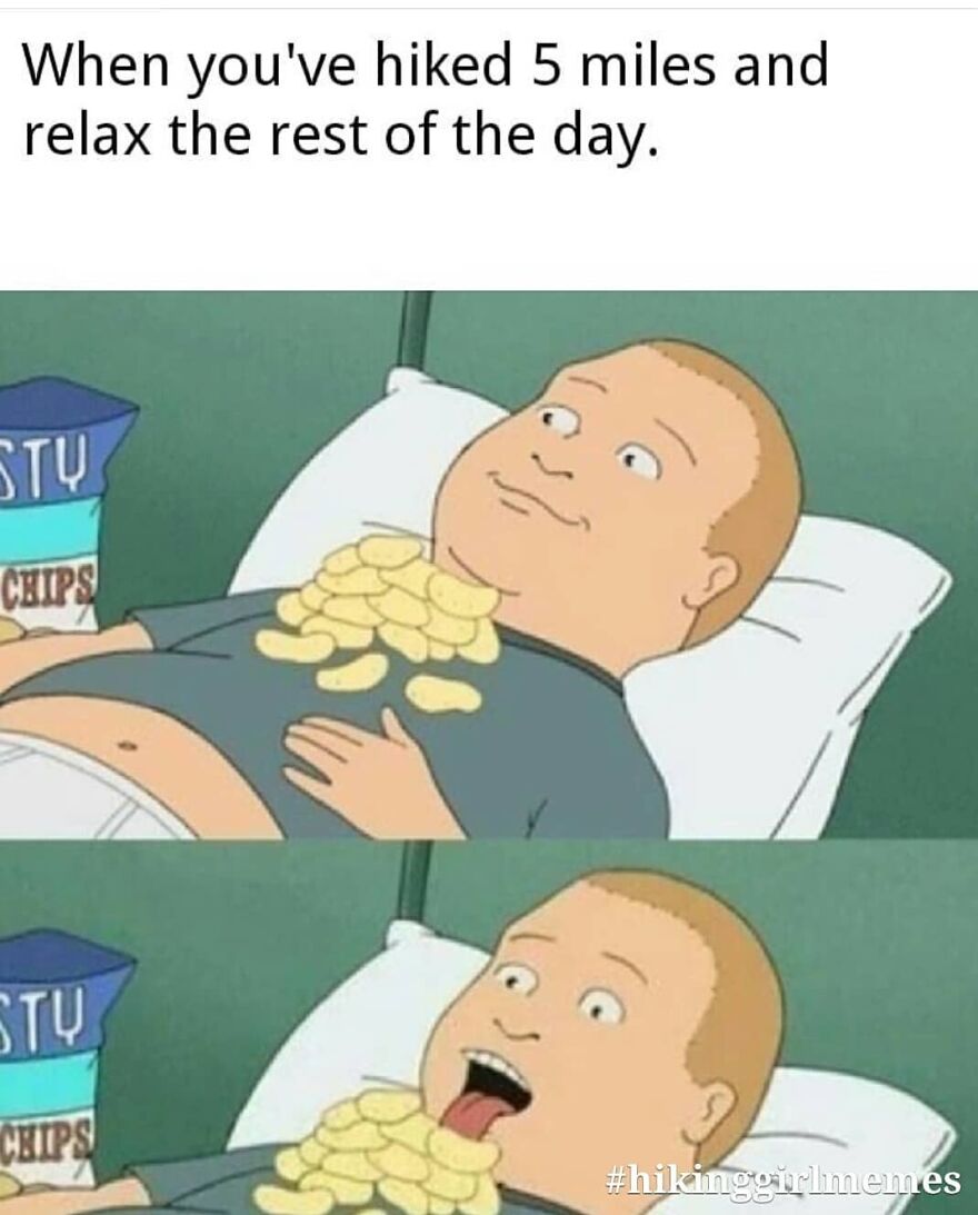 Cartoon character relaxing with potato chips after hiking, humor reflecting camping and hiking memes.