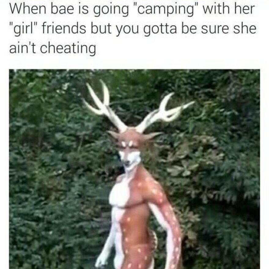 Funny camping and hiking meme featuring a muscular deer in the forest with a humorous relationship caption.