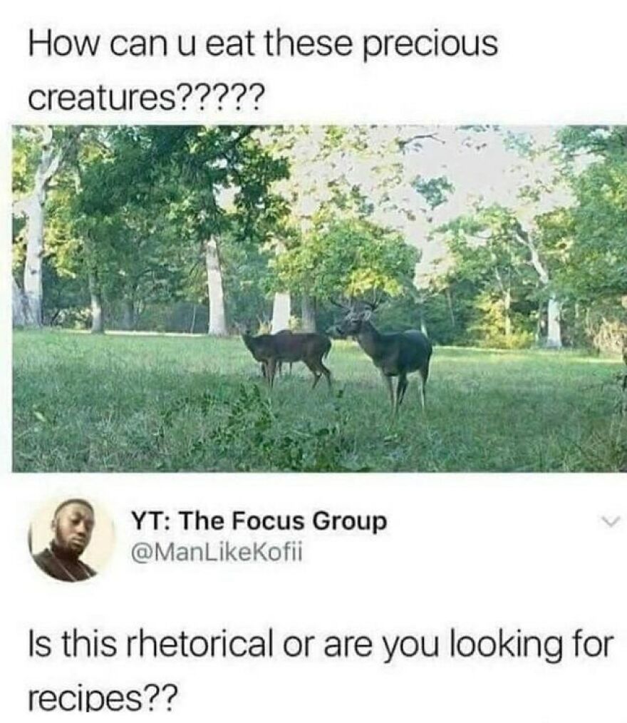 Two deer in a forest with a humorous camping and hiking meme about eating wildlife and recipes.