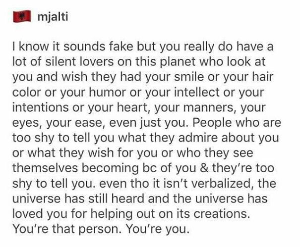 A wholesome post with text on a white background, sharing a heartwarming message about silent admirers and self-worth.