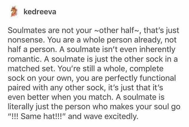 A wholesome post explaining that soulmates are not your other half, but someone who makes your soul excited.