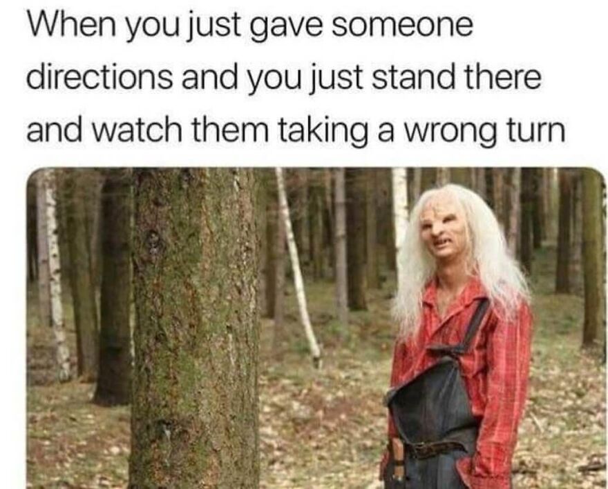 Person standing in a forest looking amused after giving directions, perfect for camping and hiking memes about nature.