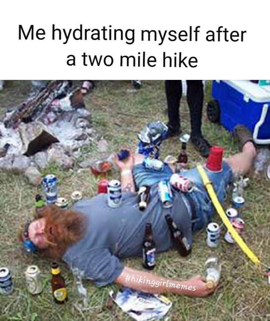 Man lying on grass surrounded by empty bottles and cans after a two mile hike, camping and hiking memes humor.