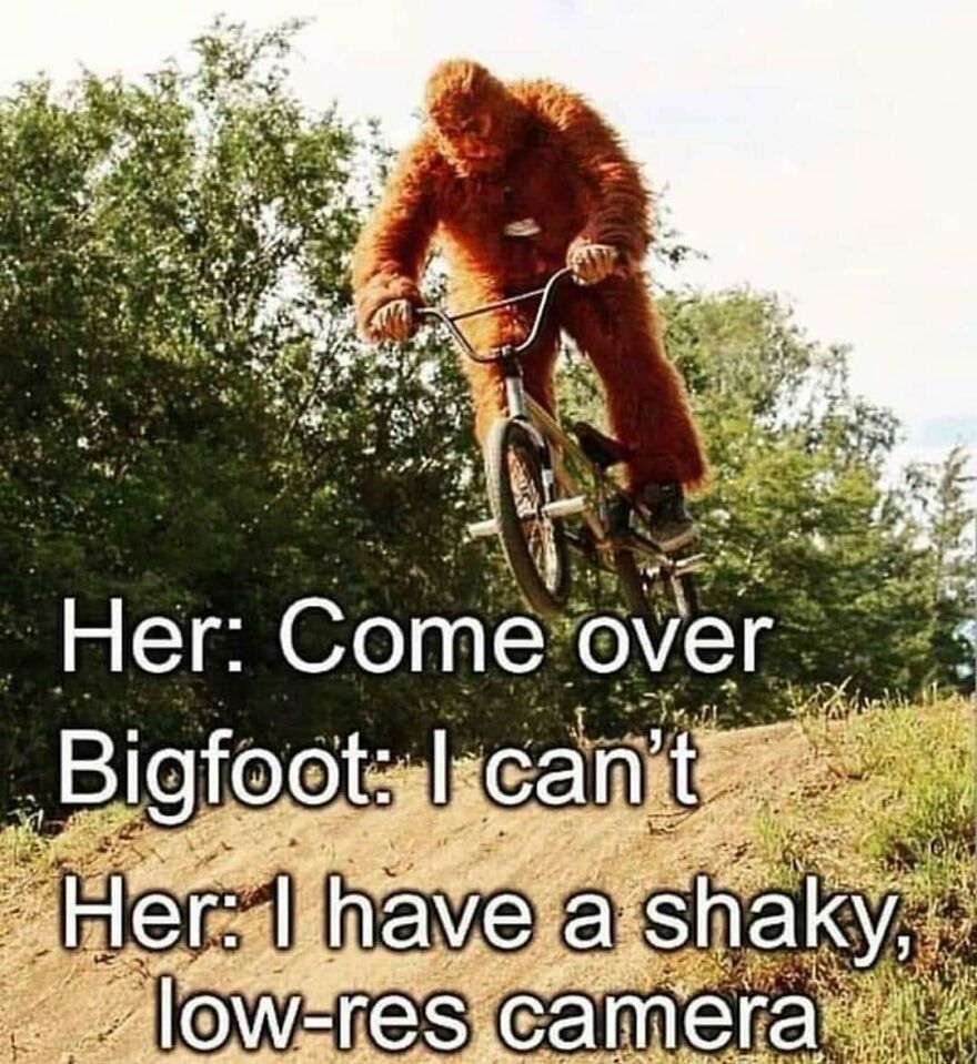 Person dressed as Bigfoot riding a bike on a trail with a humorous camping and hiking memes caption.
