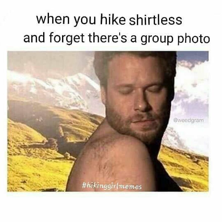 Man looking embarrassed hiking shirtless in a nature setting, illustrating a funny camping and hiking meme.