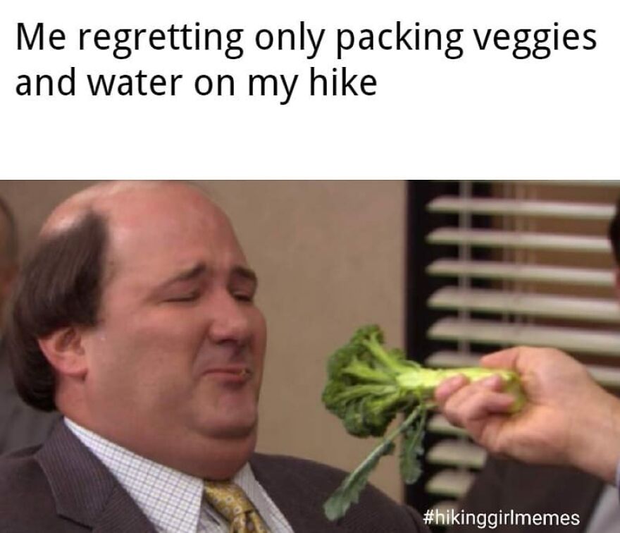 Man making a regretful face while being offered broccoli, illustrating funny camping and hiking memes about packing food.