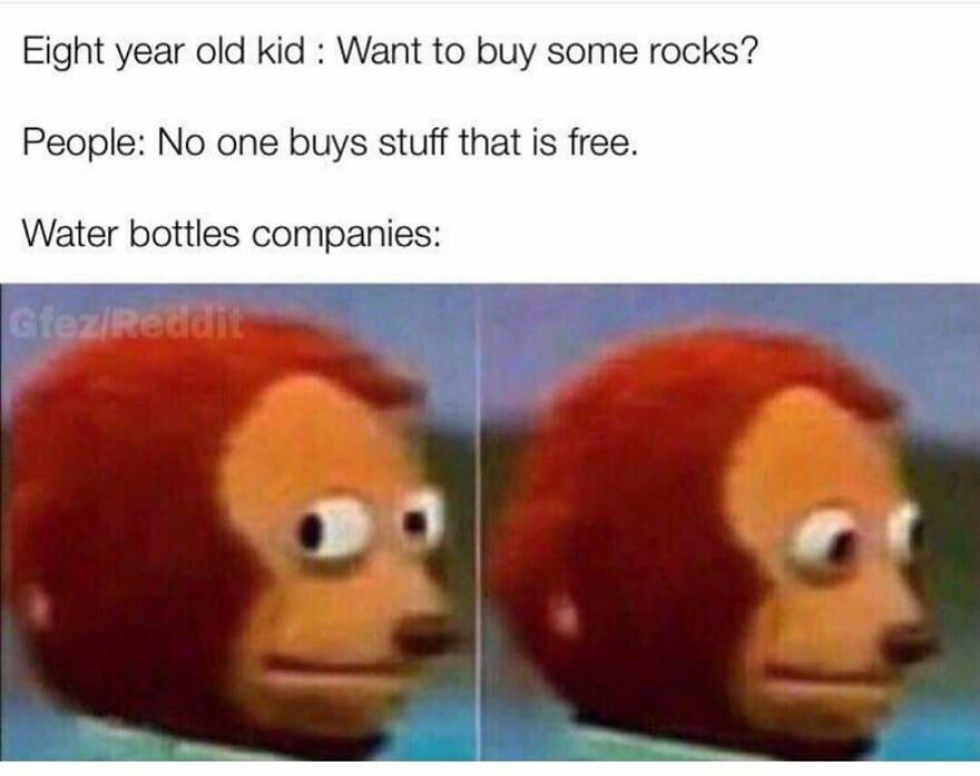 Meme showing a surprised monkey face reacting to water bottle companies and camping hiking humor.
