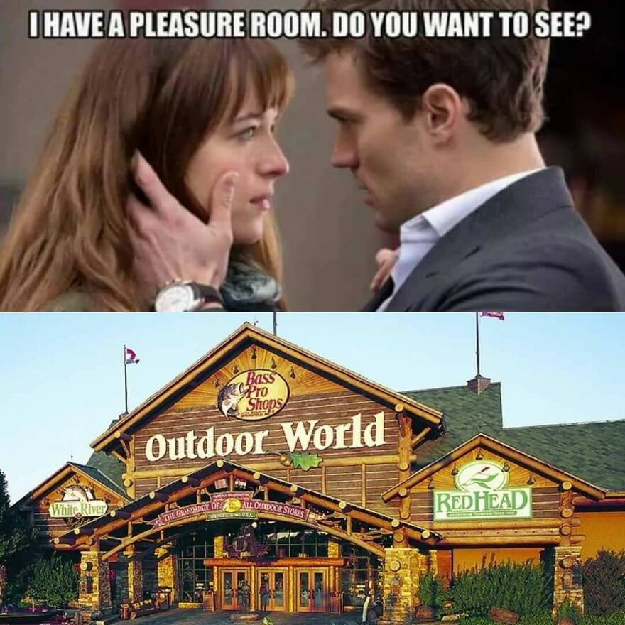 Couple in emotional moment paired with an outdoor store entrance, highlighting camping and hiking memes humor.