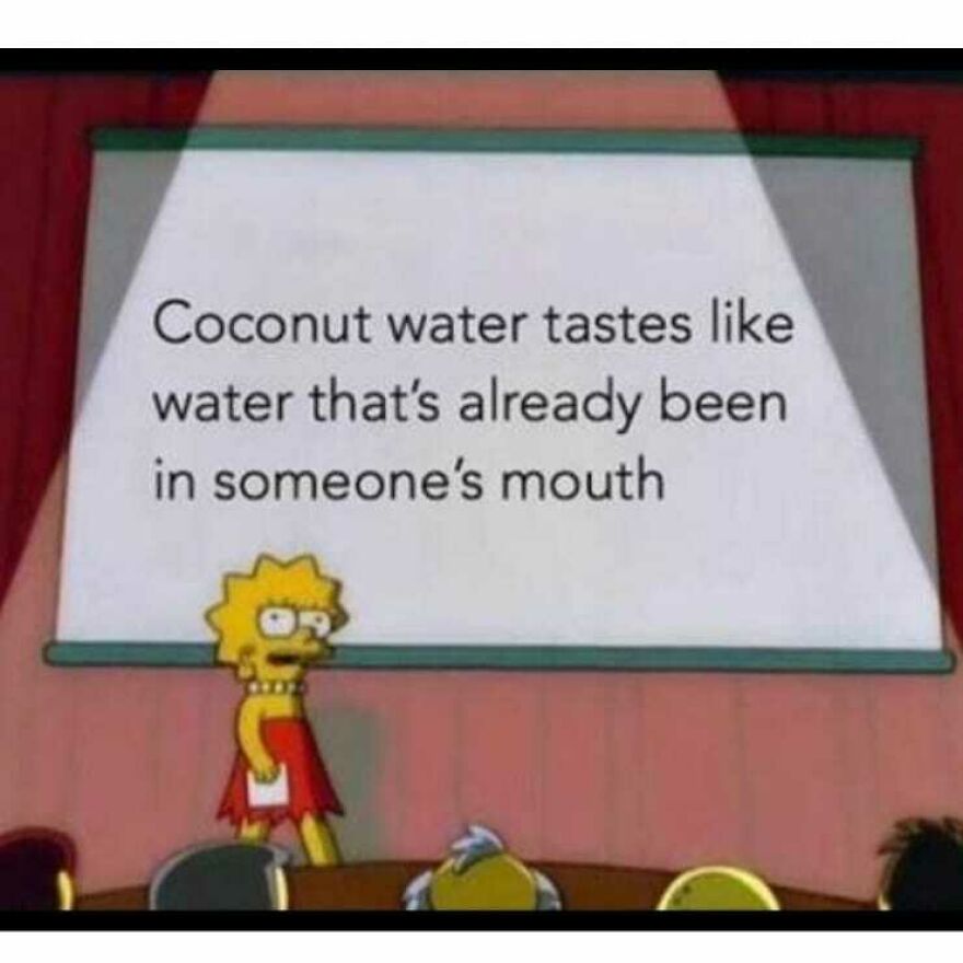 Lisa Simpson giving a funny presentation about coconut water in a camping and hiking meme.
