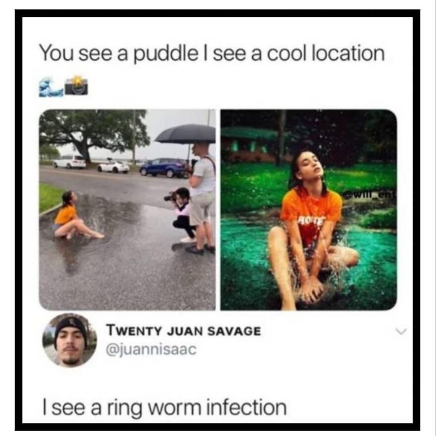 Person posing for photos in puddle with photographer, highlighting humor in camping and hiking memes about nature views.