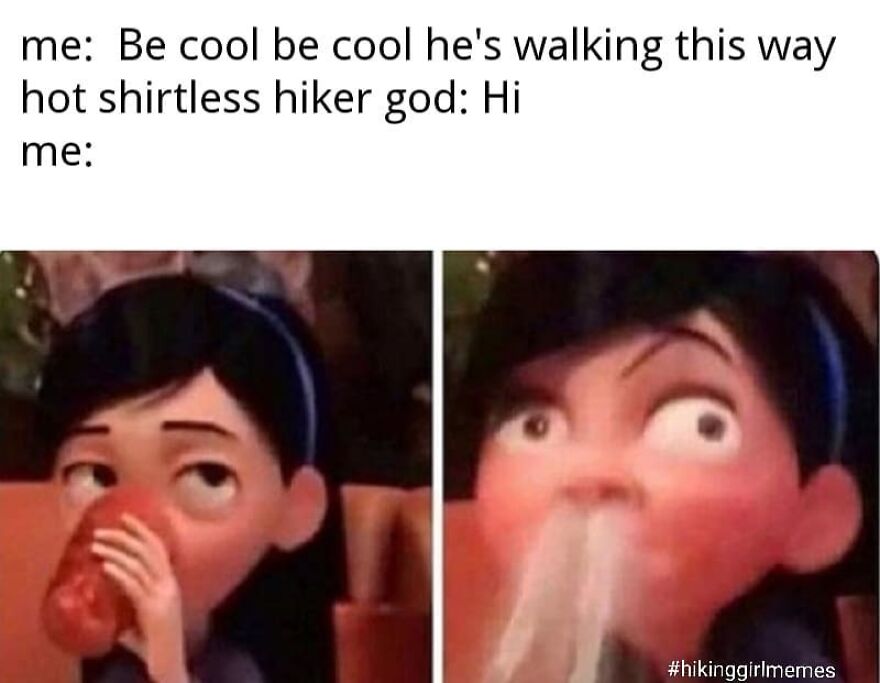 Animated character nervously reacting with a drink, humorous hiking meme illustrating awkward moments in camping and hiking activities.